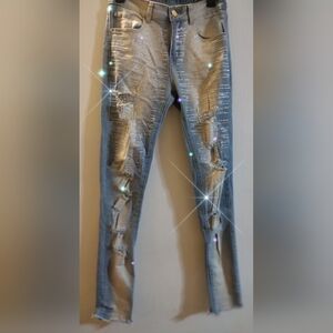 Women's Distressed Blue Jeans with Rhinestone Accents